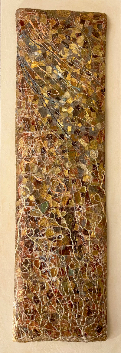 Goldbild As Time goes by von 2020 bis 2025, 45 x 130 cm Blattgold, verschiedene Karate, Silber, Mischtechnik, auf Leinwand